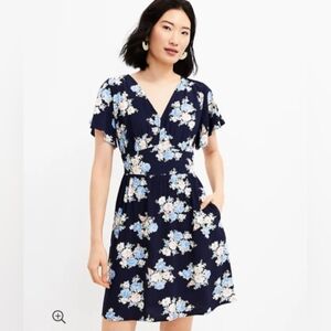 Loft Navy Blue Floral Flutter Sleeve V-Neck Dress